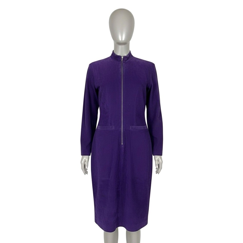 Vintage Purple Suede Zip Front High Neck Dress Size 6 Pockets Utility 90s Glam
